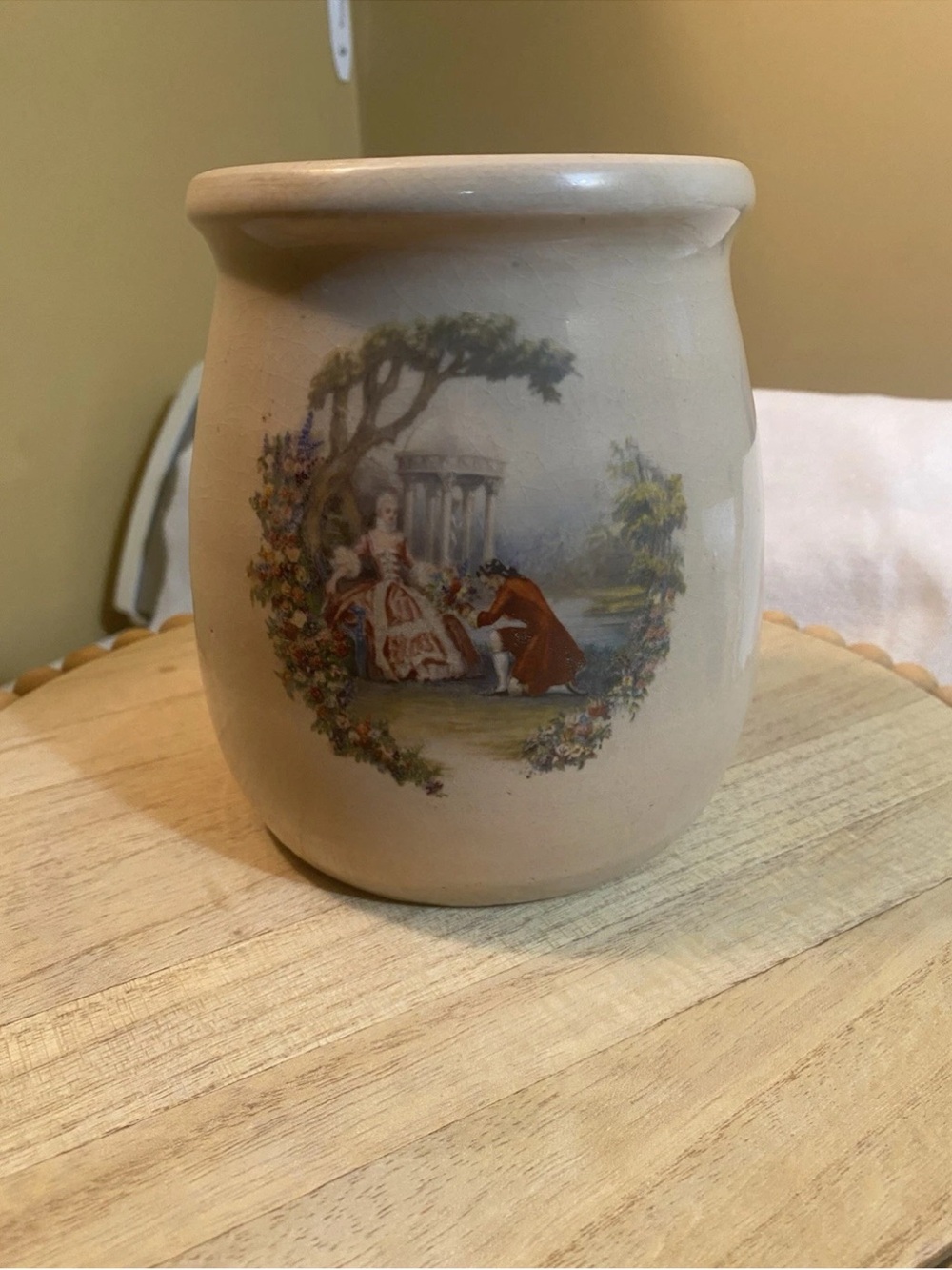 Cream Ceramic Decorative Jar with Pastoral Print